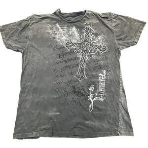 Y2K Gray Cross Graphic Tee Mens L Acid Gothic Faith Grunge Streetwear Script